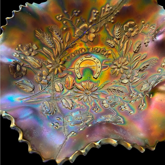 Antique Northwood Good Luck Electric Blue Carnival glass bowl 8 7/8” across x - Picture 6 of 7